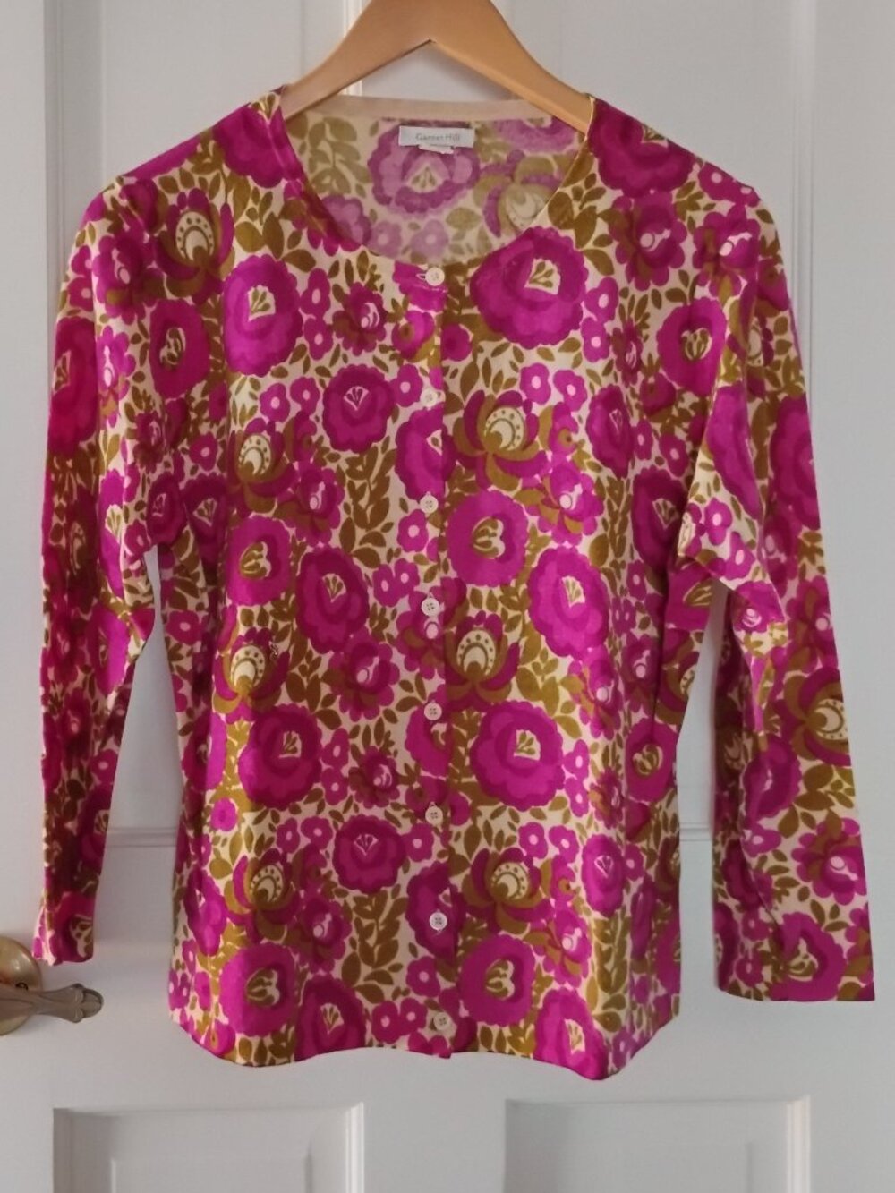 Garnet Hill Merino Wool Dark Pink Floral 3/4 Sleeve Cardigan  Size L in VGUC